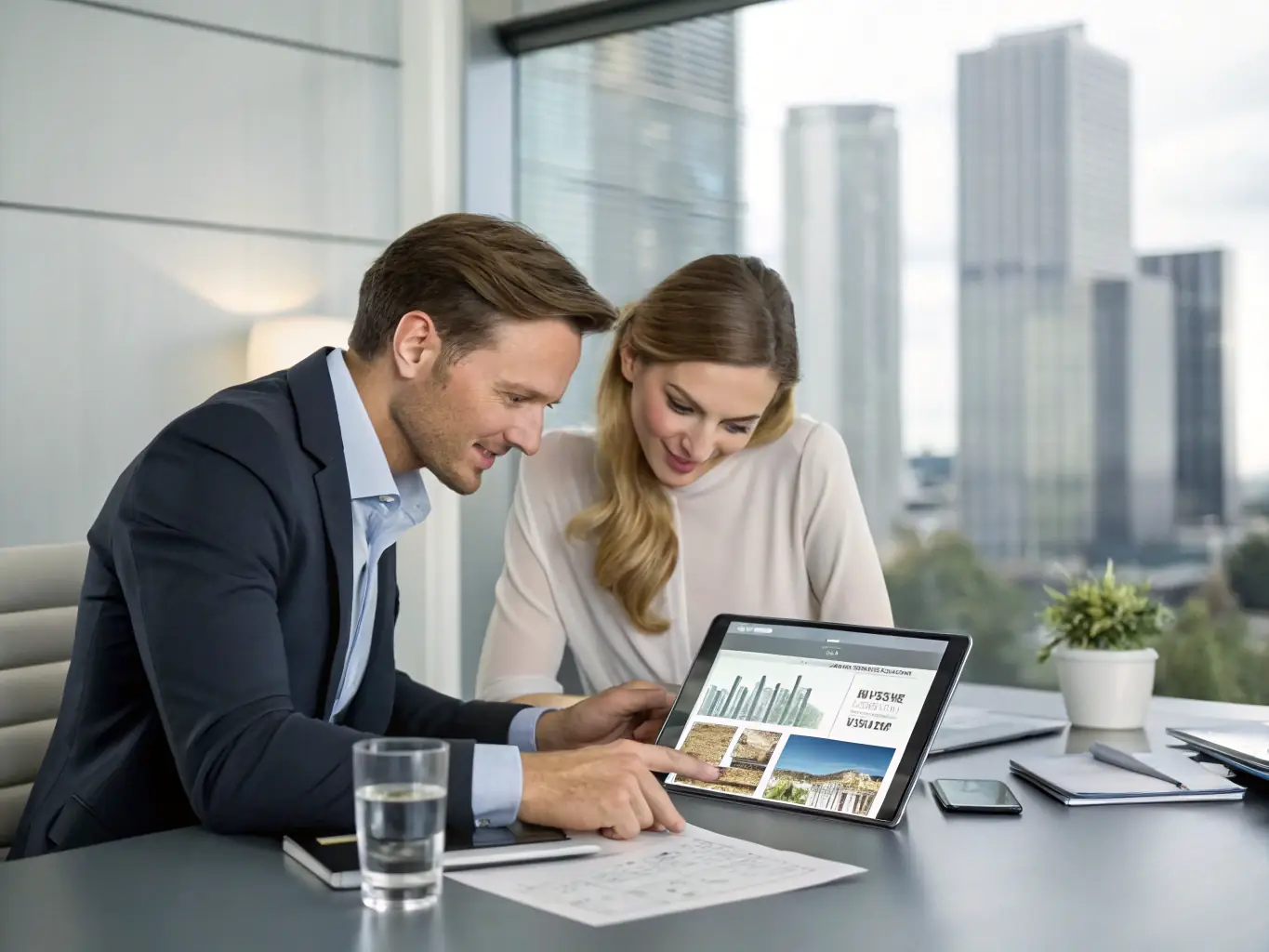 An investor reviewing property options with a real estate agent in an office setting, illustrating Katy Watson's investment advice services.