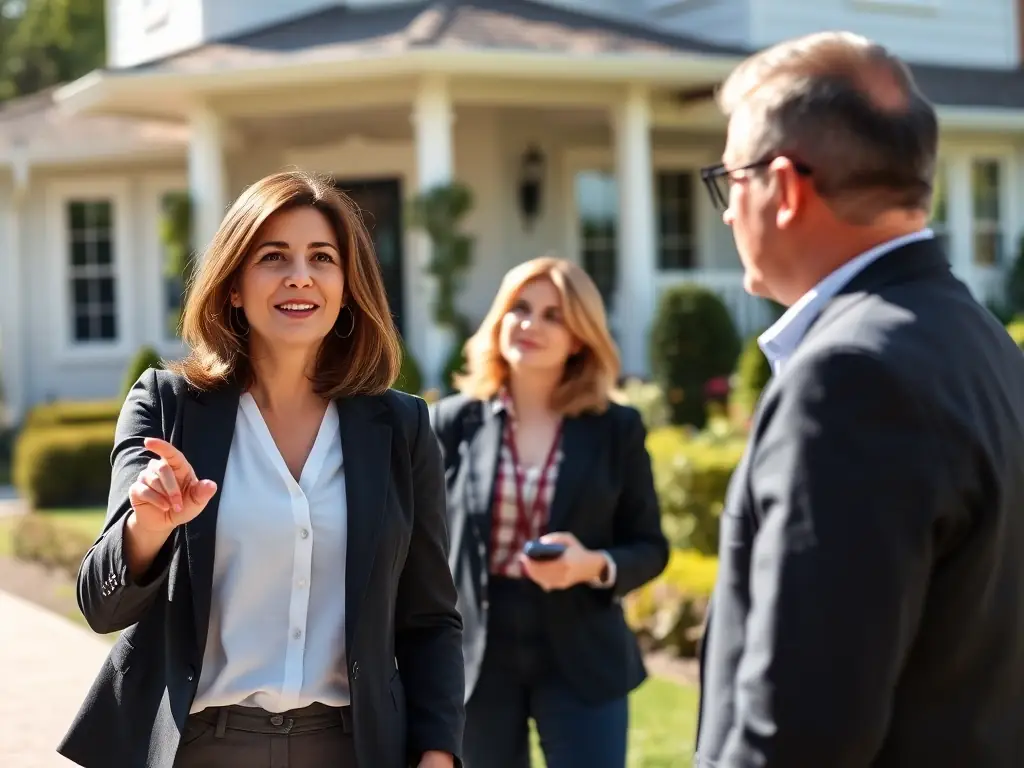 Katy Watson discussing selling strategies with a client in front of their property, highlighting her commitment to achieving the best possible outcome.