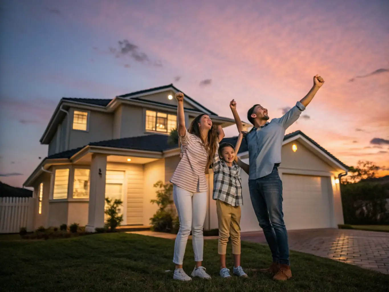 A happy family receiving keys to their new home in front of a beautiful house, symbolizing the joy of finding the perfect property with Katy Watson's buying assistance.