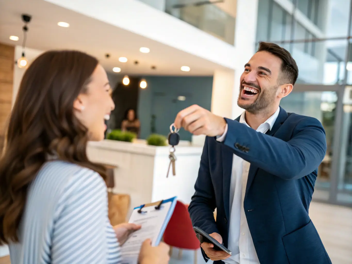 A real estate agent handing over keys to a happy new homeowner in front of a sold sign, representing Katy Watson's successful selling services.