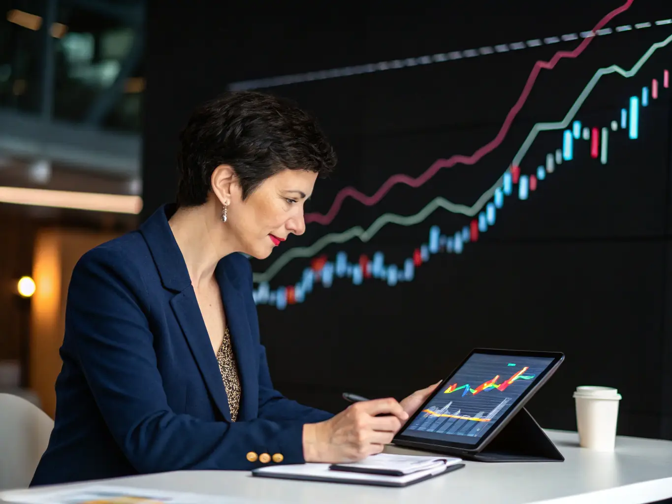 Katy Watson analyzing investment data and market trends, showcasing her expertise in identifying lucrative investment opportunities.