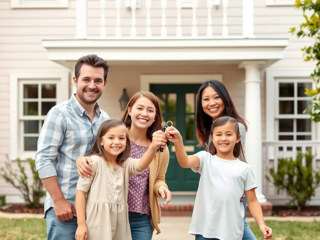 A modern family happily receiving keys to their new home from Katy Watson, symbolizing the joy of finding the perfect property.